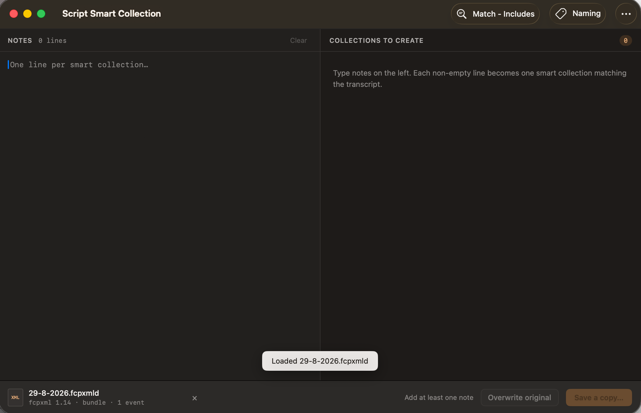 The window just after loading 29-8-2026.fcpxmld: a “Loaded 29-8-2026.fcpxmld” message, an empty Notes pane, and a footer reading “fcpxml 1.14 · bundle · 1 event” with the status “Add at least one note”.