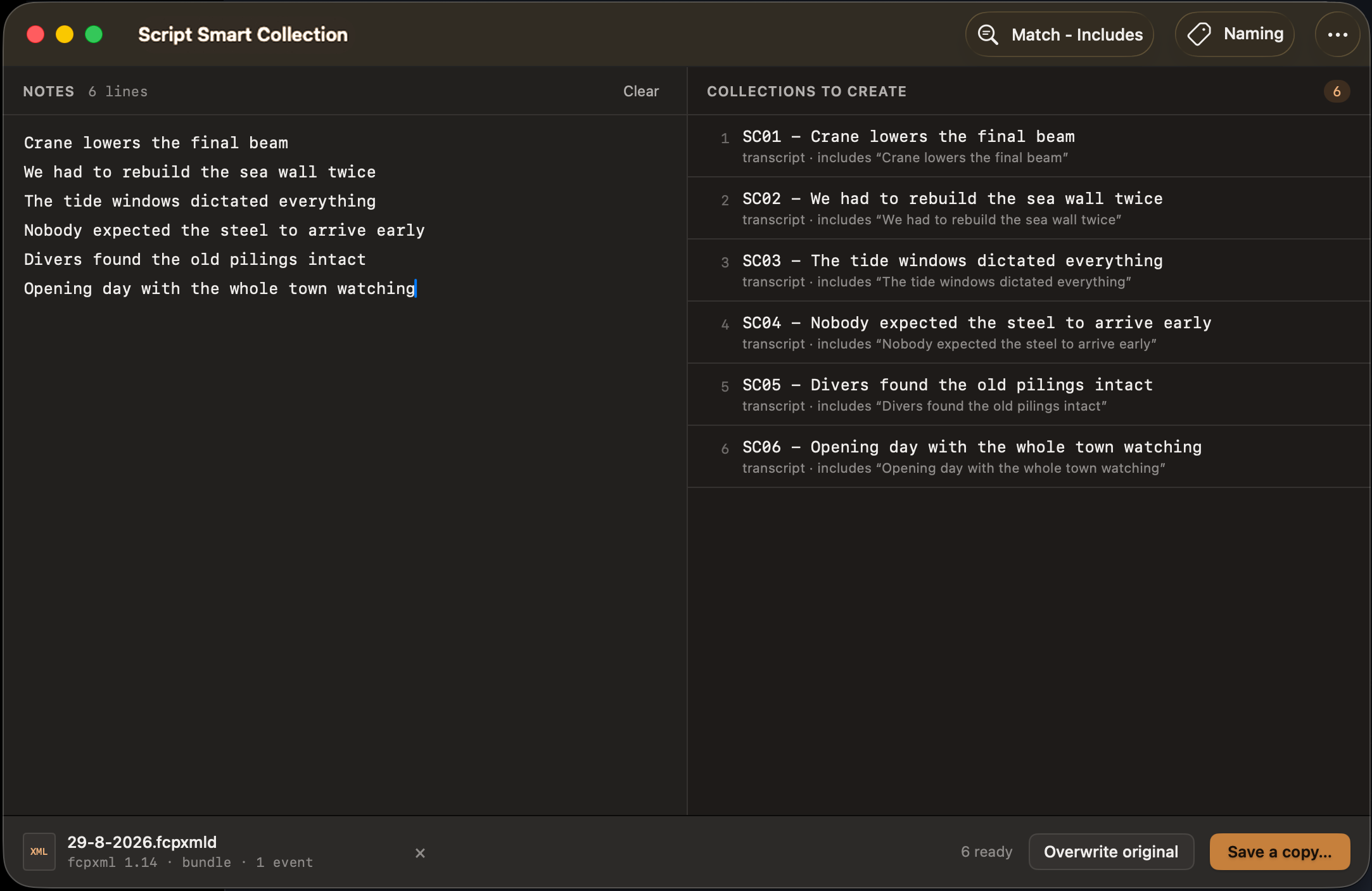 The Script Smart Collection window: six lines of notes on the left, the six matching smart collections SC01 to SC06 on the right, and the loaded bundle 29-8-2026.fcpxmld in the footer.
