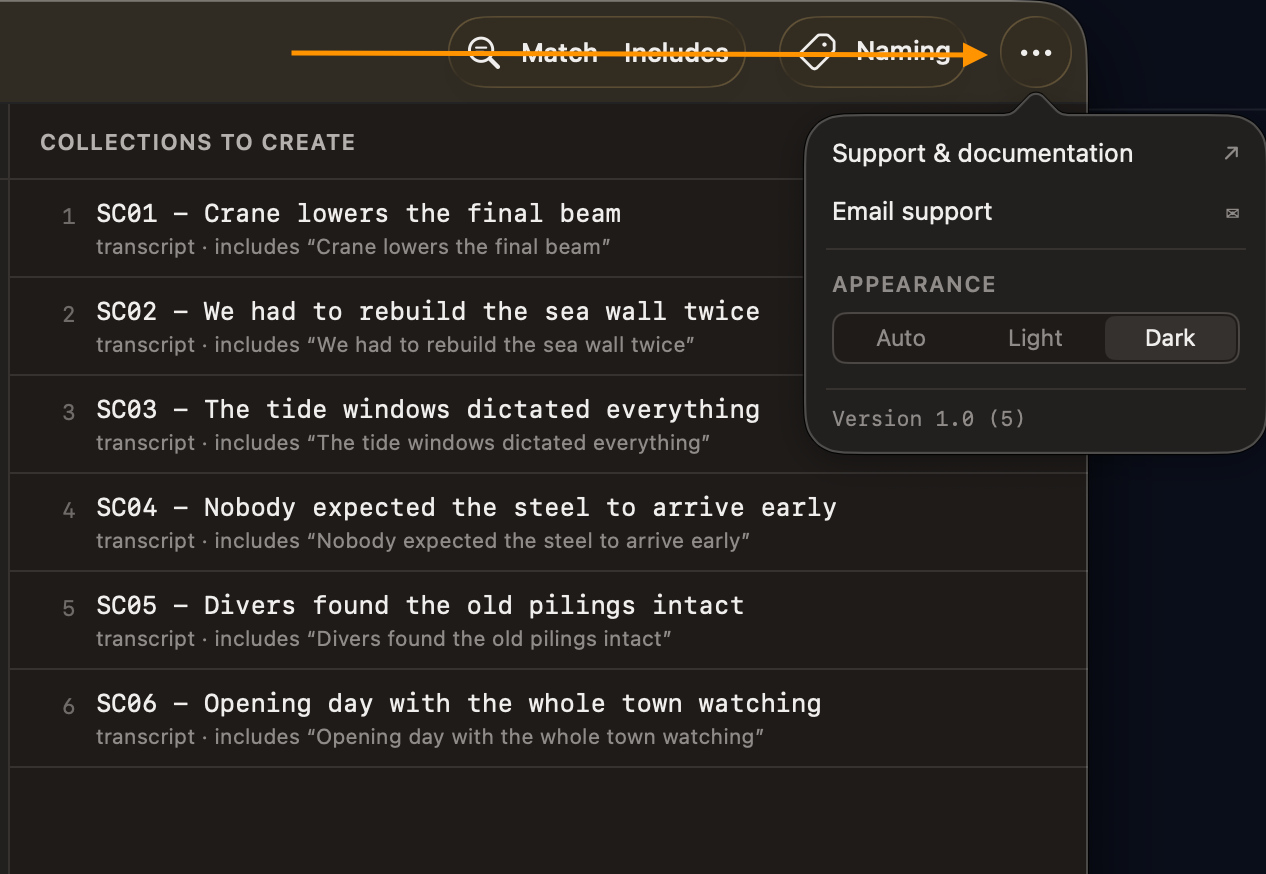 An arrow points to the ··· button. Its menu lists Support & documentation, Email support, an Appearance switch set to Dark, and Version 1.0 (5).