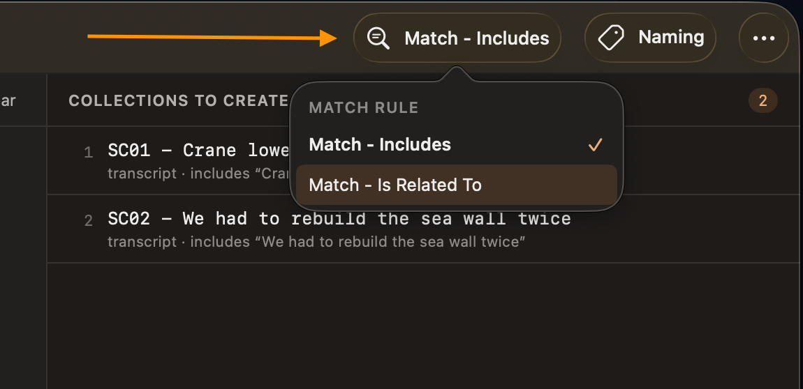 An arrow points to the Match button in the toolbar. Its panel is open, with “Match - Includes” ticked and “Match - Is Related To” below it.